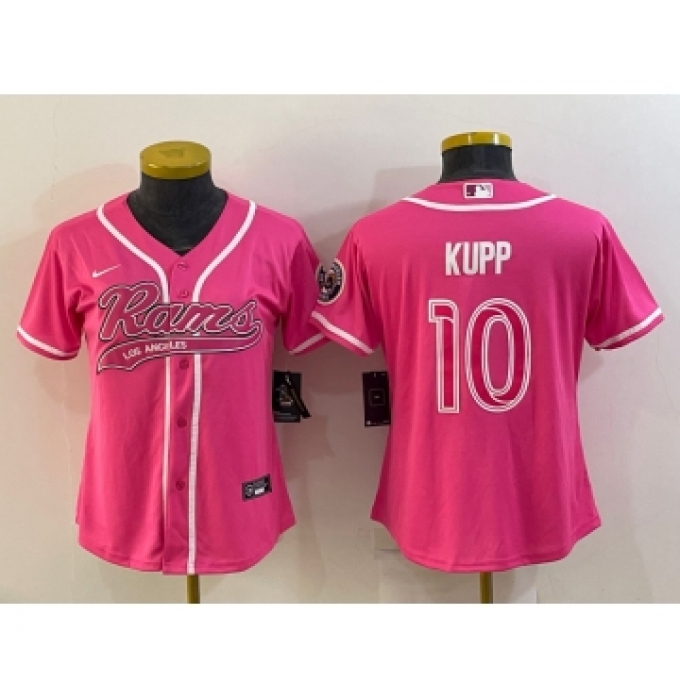 Women's Los Angeles Rams #10 Cooper Kupp Pink With Patch Cool Base Stitched Baseball Jersey