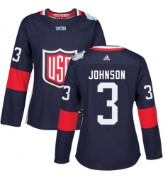 Women's Adidas Team USA #3 Jack Johnson Authentic Navy Blue Away 2016 World Cup Hockey Jersey