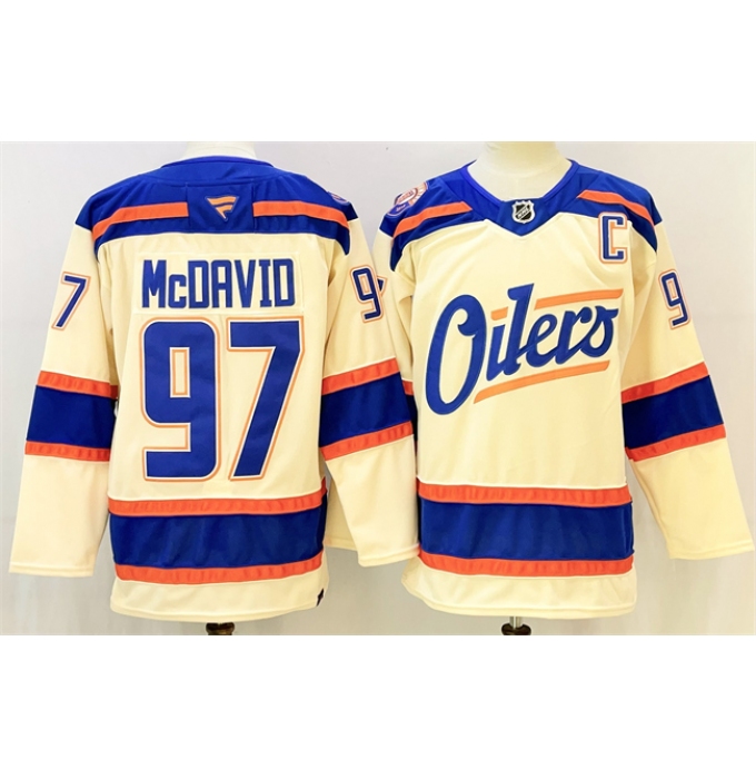 Men's Edmonton Oilers #97 Connor McDavid Light Beige 2025 Alternate With C Stitched Hockey Jersey