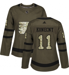 Women's Adidas Philadelphia Flyers #11 Travis Konecny Authentic Green Salute to Service NHL Jersey