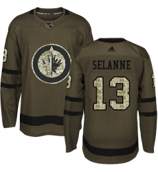 Men's Adidas Winnipeg Jets #13 Teemu Selanne Premier Green Salute to Service NHL Jersey