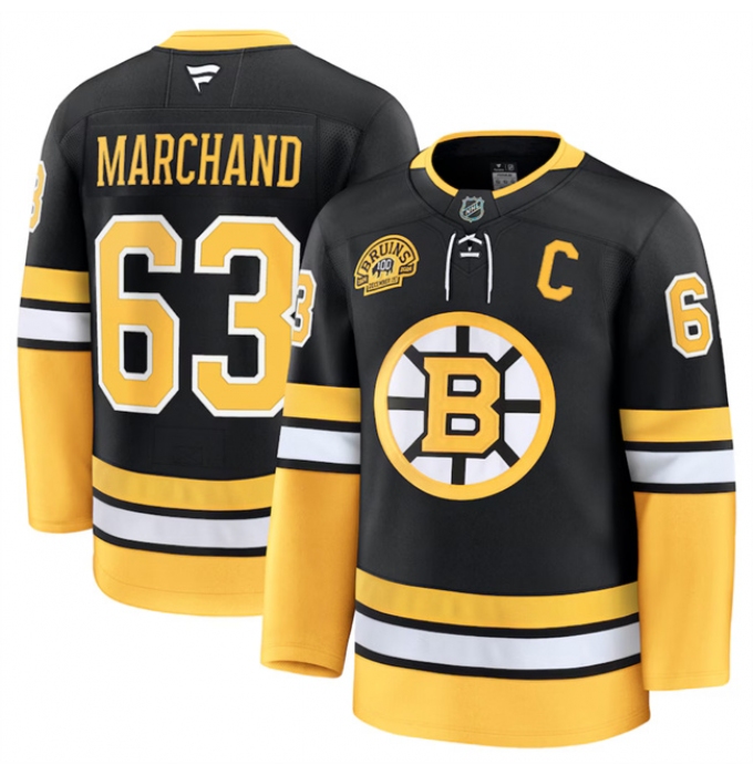 Men's Boston Bruins #63 Brad Marchand Black 100th Anniversary With C Stitched Hockey Jersey