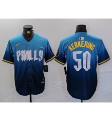 Men's Philadelphia Phillies #50 Orion Kerkering Blue 2024 City Connect Limited Stitched Jersey