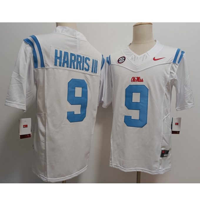 Men's Ole Miss Rebels #9 Tre Harris III White FUSE College Stitched Jersey