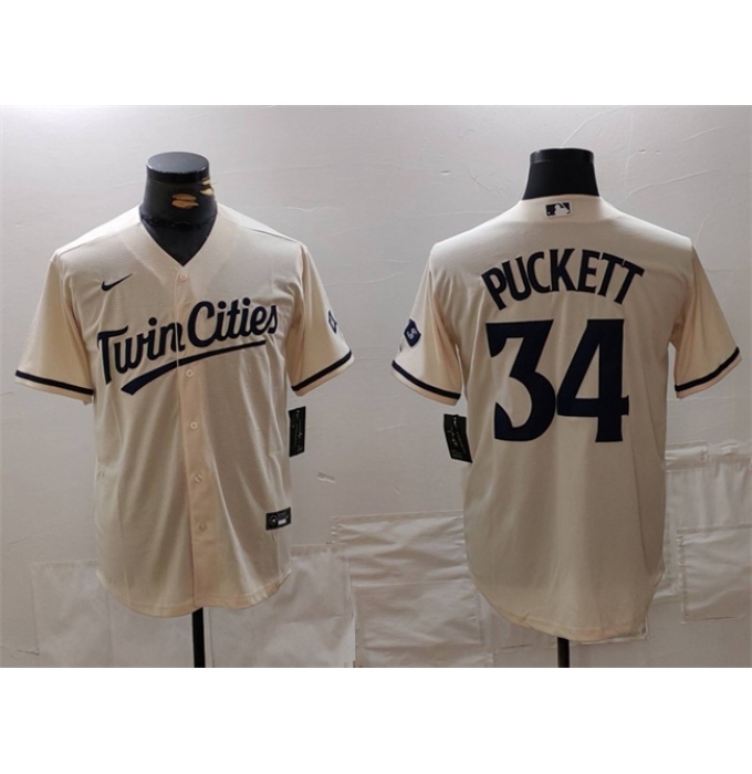 Men's Minnesota Twins #34 Kirby Puckett Cream Cool Base Stitched Baseball Jersey