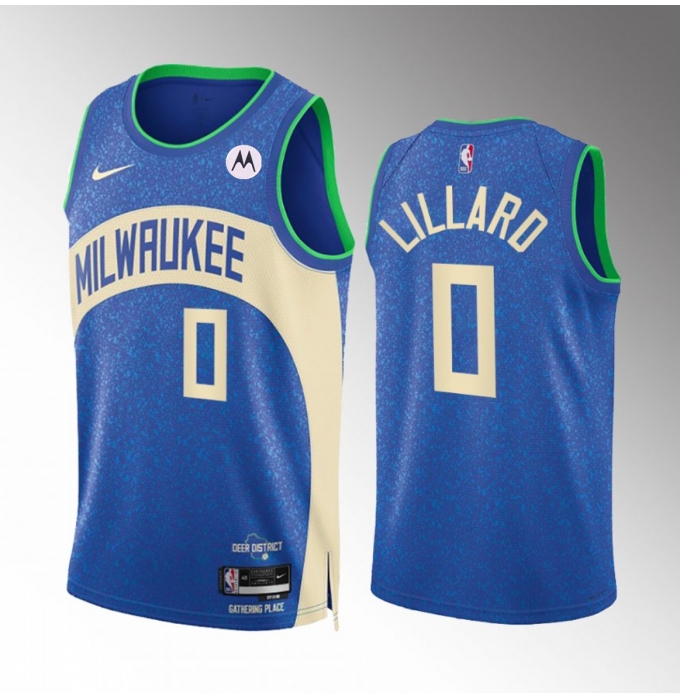 Men's Milwaukee Bucks #0 Damian Lillard Blue 2023-24 City Edition Stitched Basketball Jersey