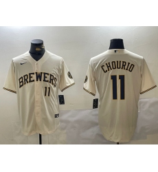 Men's Milwaukee Brewers #11 Jackson Chourio Number Cream Stitched Cool Base Nike Jersey