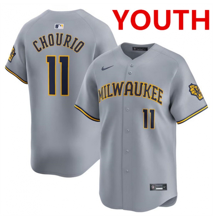 Youth Milwaukee Brewers #11 Jackson Chourio Grey 2024 Away Limited Stitched Baseball Jersey