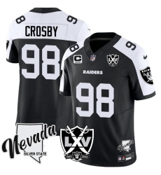 Men's Las Vegas Raiders #98 Maxx Crosby Black White 2024 F.U.S.E With Nevada Silver Stat And 65th Anniversary 3-Star C Stitched Football Jersey