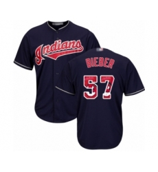 Men's Cleveland Indians #57 Shane Bieber Authentic Navy Blue Team Logo Fashion Cool Base Baseball Jersey