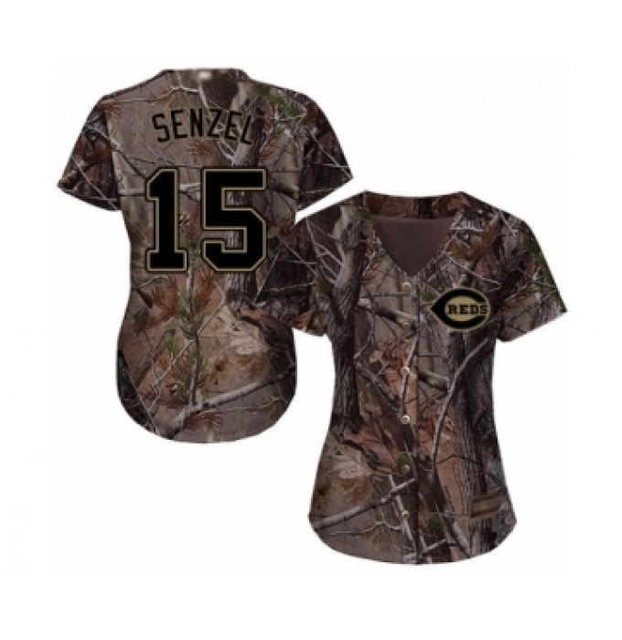Women's Cincinnati Reds #15 Nick Senzel Authentic Camo Realtree Collection Flex Base Baseball Jersey