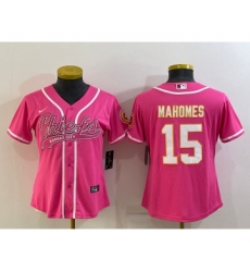 Women's Kansas City Chiefs #15 Patrick Mahomes Pink White With Patch Cool Base Stitched Baseball Jersey