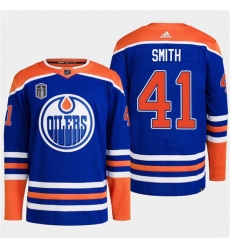 Men's Edmonton Oilers #41 Mike Smith Royal 2024 Stanley Cup Final Stitched Jersey