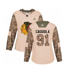 Women's Chicago Blackhawks #91 Drake Caggiula Authentic Camo Veterans Day Practice Hockey Jersey