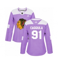 Women's Chicago Blackhawks #91 Drake Caggiula Authentic Purple Fights Cancer Practice Hockey Jersey