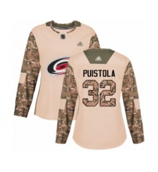 Women's Carolina Hurricanes #32 Patrik Puistola Authentic Camo Veterans Day Practice Hockey Jersey