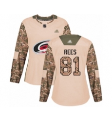 Women's Carolina Hurricanes #81 Jamieson Rees Authentic Camo Veterans Day Practice Hockey Jersey