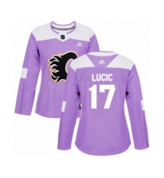 Women's Calgary Flames #17 Milan Lucic Authentic Purple Fights Cancer Practice Hockey Jersey