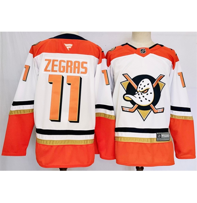 Men's Anaheim Ducks #11 Trevor Zegras White Orange 2024-25 Stitched Jersey