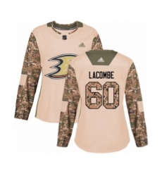 Women's Anaheim Ducks #60 Jackson Lacombe Authentic Camo Veterans Day Practice Hockey Jersey