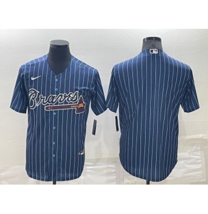 Men's Atlanta Braves Blank Navy Blue Pinstripe Stitched MLB Cool Base Nike Jersey