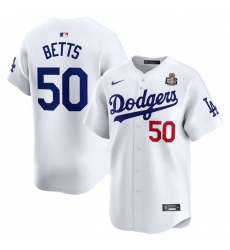 Men's Los Angeles Dodgers #50 Mookie Betts White 2024 World Series Home Limited Cool Base Stitched Baseball Jersey