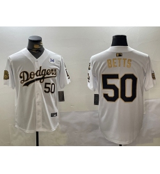 Mens Los Angeles Dodgers #50 Mookie Betts White Gold 2024 World Series With Fernando Memorial Limited Stitched Baseball Jersey