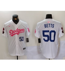 Men's Los Angeles Dodgers #50 Mookie Betts White Pink Vin & Kobe Stitched Baseball Jerseys