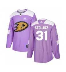 Men's Anaheim Ducks #31 Anthony Stolarz Authentic Purple Fights Cancer Practice Hockey Jersey