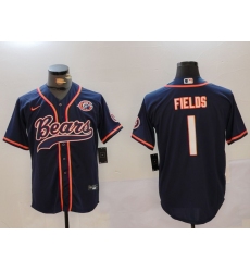 Men's Chicago Bears #1 Justin Fields Navy Throwback With Cool Base Stitched Baseball Jersey