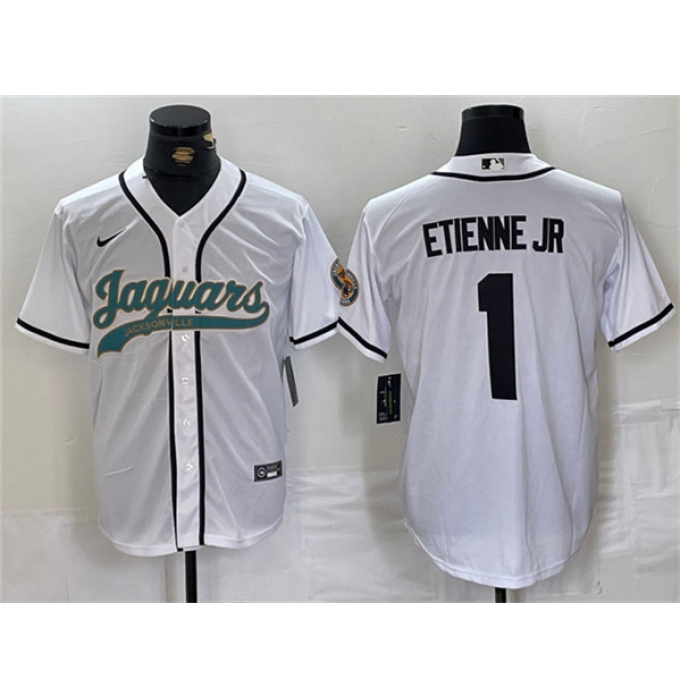 Men's Jacksonville Jaguars #1 Travis Etienne Jr. White With Cool Base Baseball Stitched Jersey