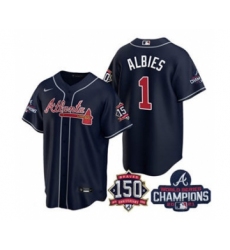 Men's Atlanta Braves #1 Ozzie Albies 2021 Navy World Series Champions With 150th Anniversary Patch Cool Base Stitched Jersey