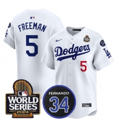 Men's Los Angeles Dodgers #5 Freddie Freeman White 2024 World Series With Fernando Memorial Limited Stitched Baseball Jersey