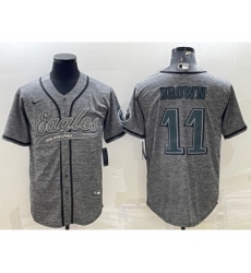 Men's Philadelphia Eagles #11 A. J. Brown Gray With Patch Cool Base Stitched Baseball Jersey