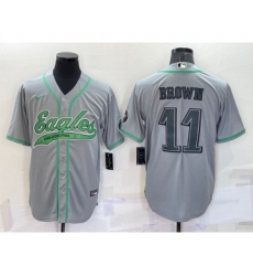 Men's Philadelphia Eagles #11 AJ Brown Grey With Patch Cool Base Stitched Baseball Jersey