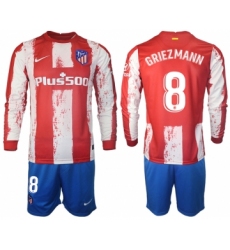 Men 2021-2022 Club Atletico Madrid home red Long Sleeve 8 Soccer Jersey