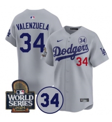 Men's Los Angeles Dodgers #34 Toro Valenzuela Gray 2024 World Series With No. 34 Limited Stitched Baseball Jersey