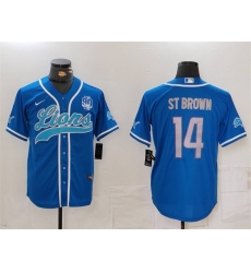 Men's Detroit Lions #14 Amon-Ra St. Brown Blue With 90th Anniversary Cool Base Stitched Baseball Jersey