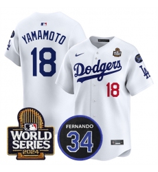 Men's Los Angeles Dodgers #18 Yoshinobu Yamamoto White 2024 World Series With Fernando Memorial Limited Stitched Baseball Jersey