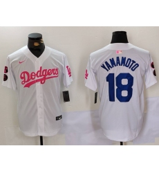 Men's Los Angeles Dodgers #18 Yoshinobu Yamamoto White Pink Vin & Kobe Stitched Baseball Jersey1