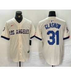 Men's Los Angeles Dodgers #31 Tyler Glasnow Cream Blue 2024 City Connect Limited Stitched Jersey