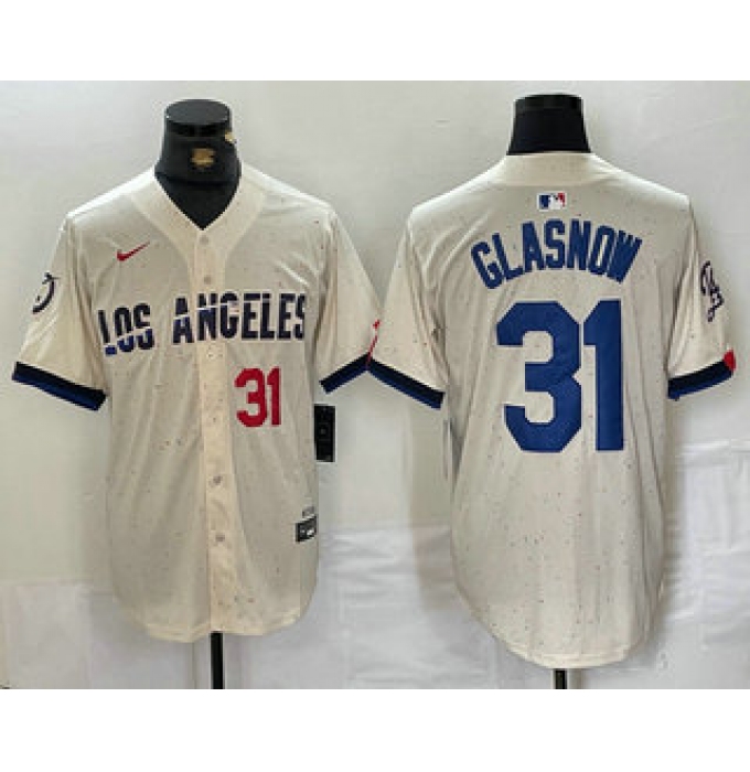 Men's Los Angeles Dodgers #31 Tyler Glasnow Number Cream Blue 2024 City Connect Limited Stitched Jersey