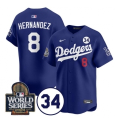 Men's Los Angeles Dodgers #8 Enrique Hernández Royal 2024 World Series With No. 34 Limited Stitched Baseball Jersey