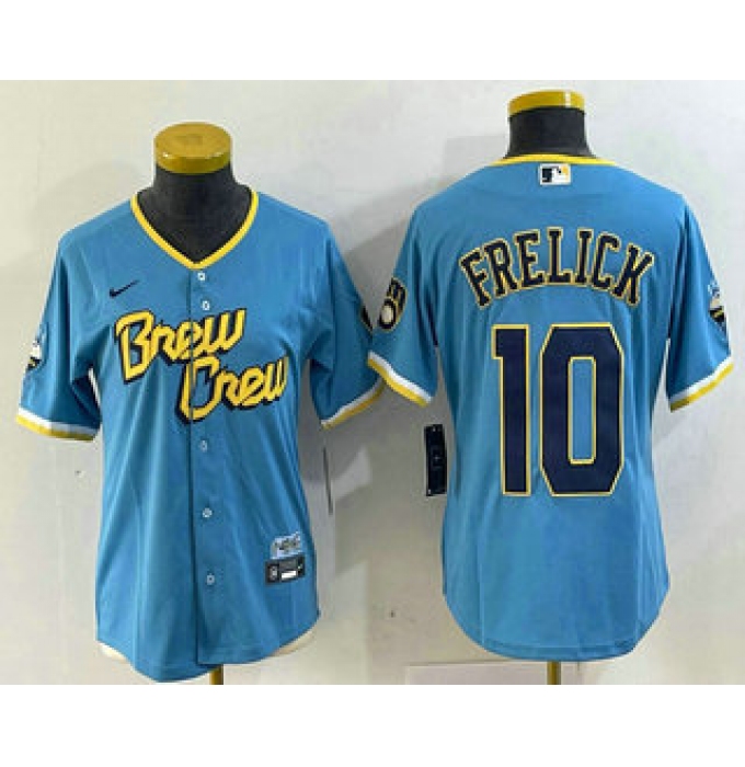 Women's Milwaukee Brewers #10 Sal Frelick Blue 2022 City Connect Cool Base Stitched Jersey