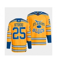 Men's St. Louis Blues #25 Jordan Kyrou Yellow 2022-23 Reverse Retro Stitched Jersey