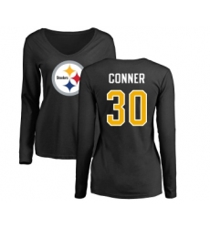 Football Women's Pittsburgh Steelers #30 James Conner Black Name & Number Logo Slim Fit Long Sleeve T-Shirt
