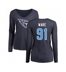 Football Women's Tennessee Titans #91 Cameron Wake Navy Blue Name & Number Logo Long Sleeve T-Shirt