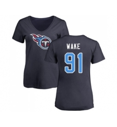 Football Women's Tennessee Titans #91 Cameron Wake Navy Blue Name & Number Logo T-Shirt