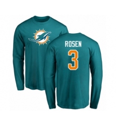 Football Miami Dolphins #3 Josh Rosen Aqua Green Name & Number Logo Long Sleeve T-Shirt