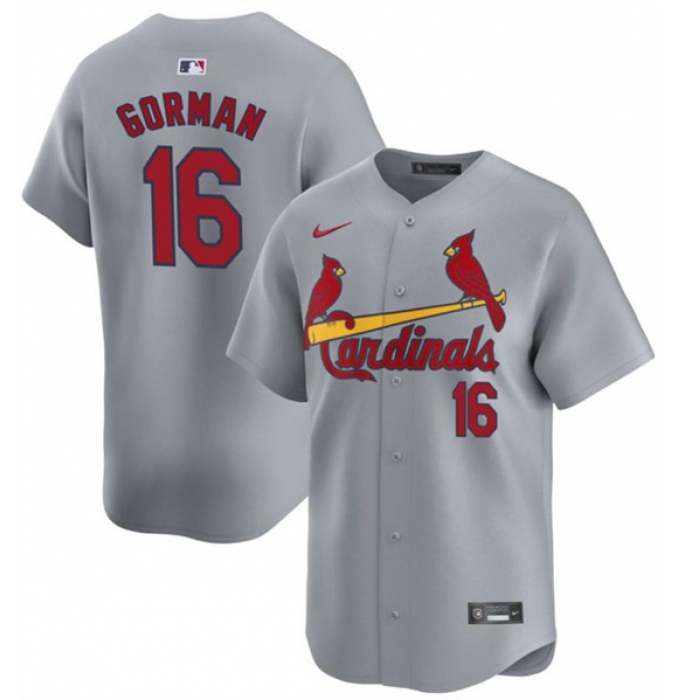 Men's St. Louis Cardinals #16 Nolan Gorman Gray 2024 Away Limited Stitched Baseball Jersey